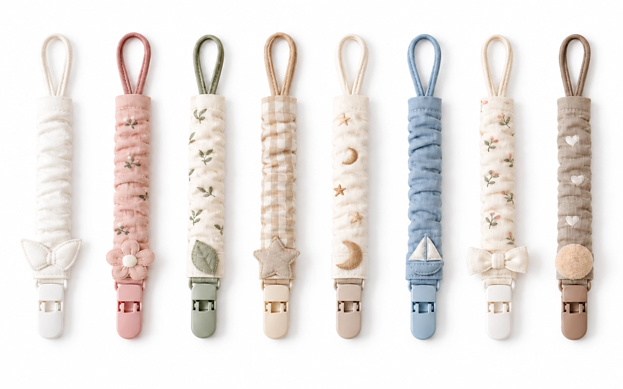 Our cotton pacifier clip range pairs soft 100% cotton straps with attachment loops, PU plastic clips and decorative bows, flowers, leaves, stars, moons, boats, or hearts. Inorange Baby offers OEM/ODM.