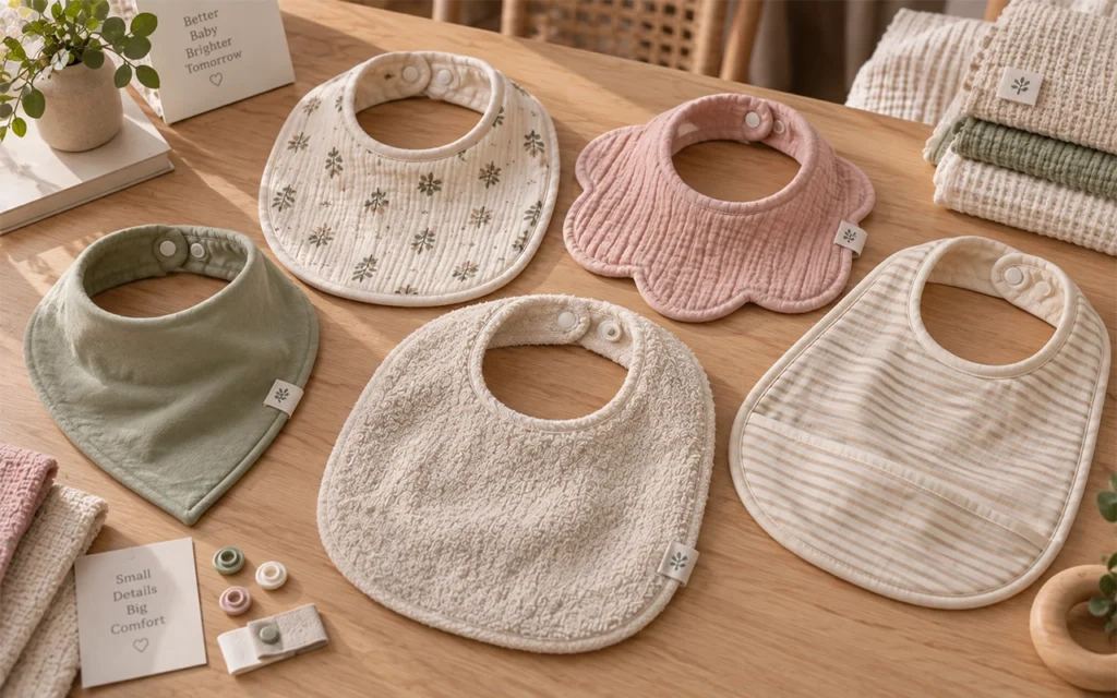We develop custom autumn baby bibs in muslin, terry, knit and striped fabrics, with bandana, floral and pocket shapes, snap closures and private label support from our Hangzhou factory with 40+ years.