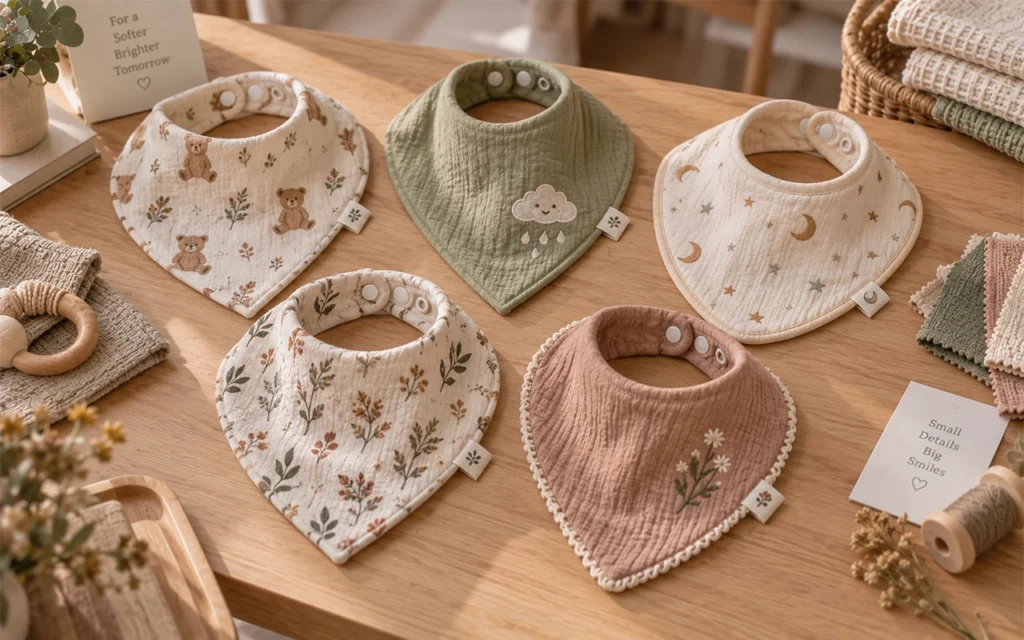 Our custom bandana baby bibs combine muslin, adjustable snaps, autumn bear, botanical and moon prints, plus cloud and floral embroidery, made by our Hangzhou OEM/ODM factory with 40+ years' expertise.
