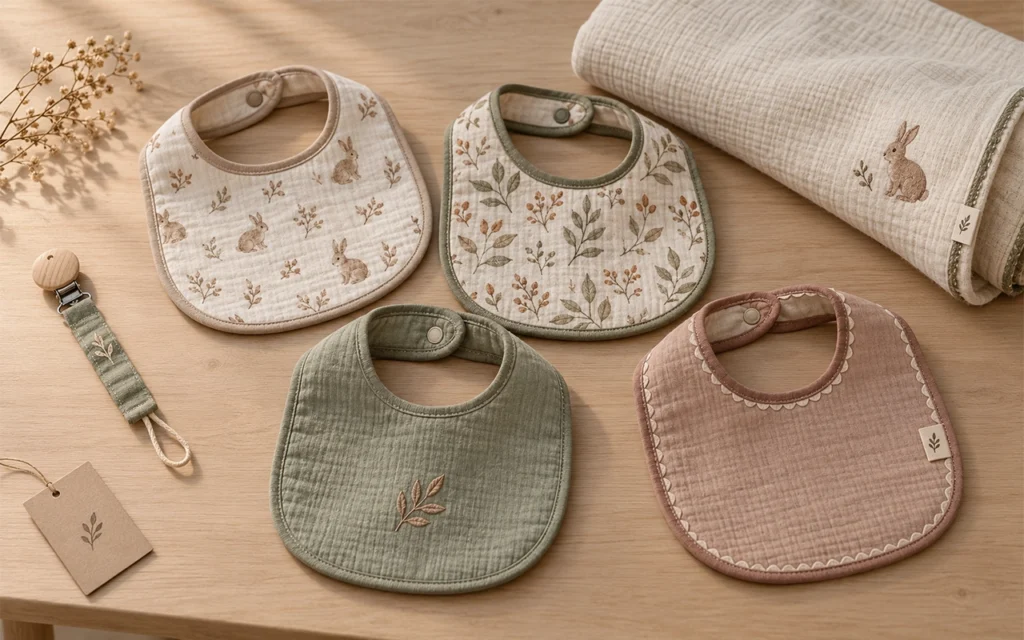 Our autumn baby bib collection pairs soft cotton muslin with rabbit and botanical prints, sage and dusty rose hues and adjustable snaps, made by our Hangzhou OEM/ODM factory with 40+ years' expertise.