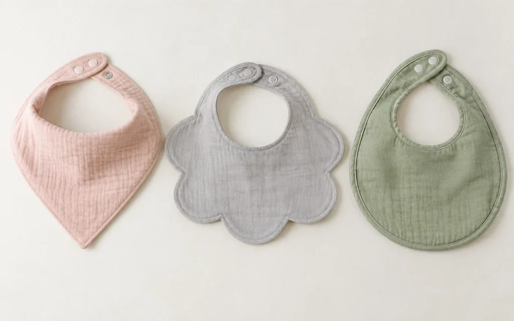 We compare triangle, petal and round baby bibs to show why each outer shape requires a specific neckline proportion, strap transition, snap layout, and balance instead of reusing one standard pattern.