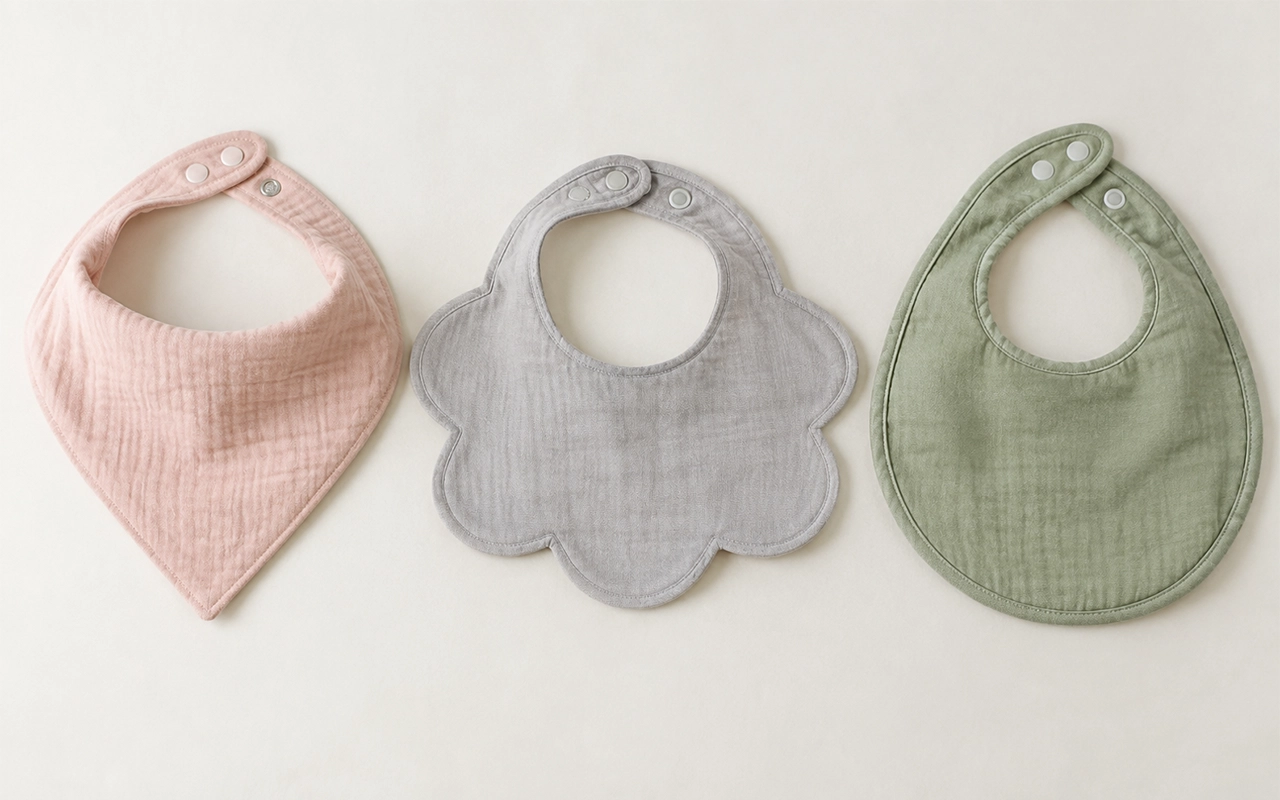 We compare triangle, petal and round baby bibs to show why each outer shape requires a specific neckline proportion, strap transition, snap layout, and balance instead of reusing one standard pattern.