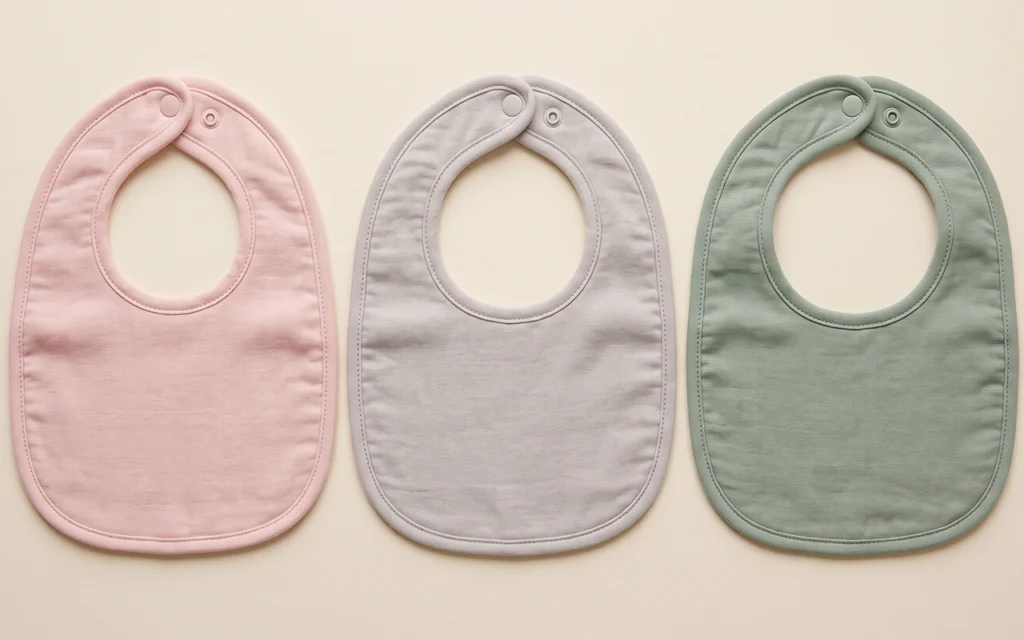 We present three round baby bibs in soft pink, gray and sage, using consistent neck openings, binding, strap widths, and snap placement to demonstrate a coordinated and production-ready product range.