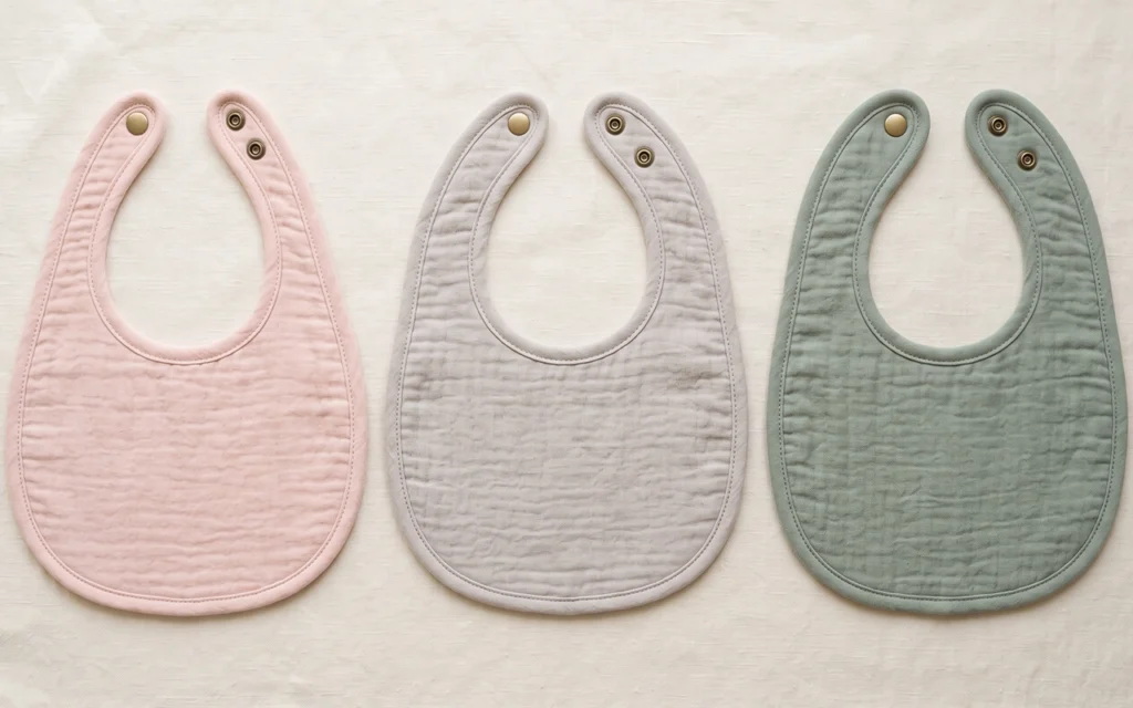 We display three bibs with their straps wide open, making neckline depth, strap length, left-right symmetry, snap count, edge distance, and closure alignment easy for buyers to review during sampling.