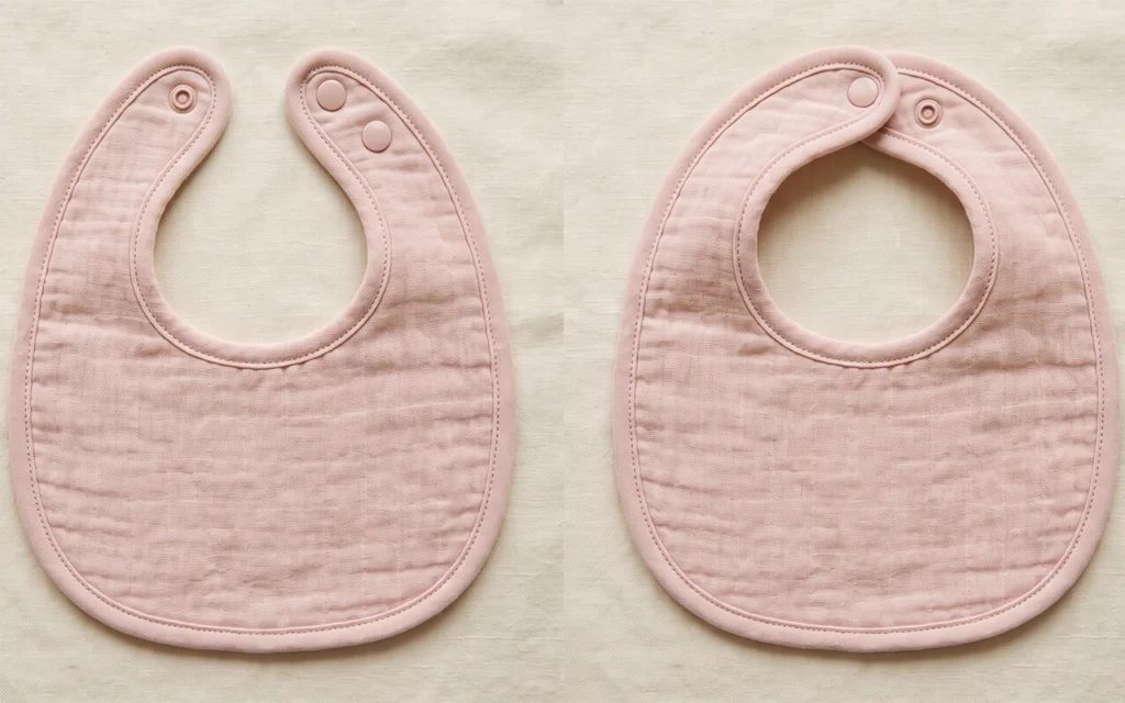 We compare one soft pink bib before and after closure, showing how two snap positions change the finished neck opening while the straps stay flat, aligned, and balanced around the neckline during use.