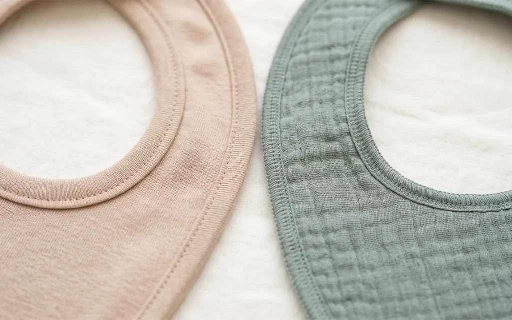 We focus on two finished bib necklines to show smooth curves, even binding width, controlled edge tension, precise stitching, and a flat transition from the neck opening into the bib body during wear.