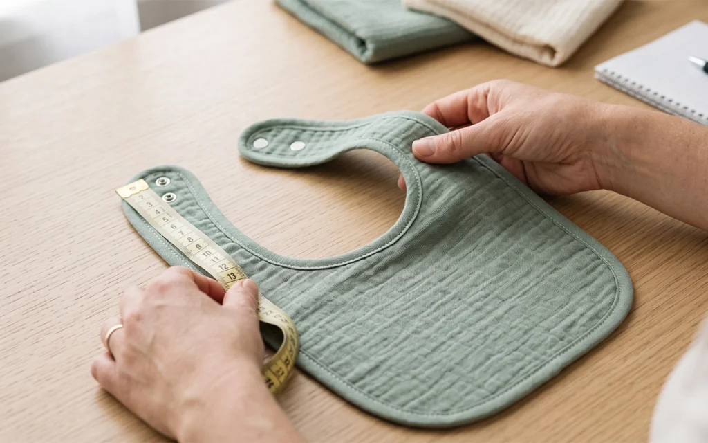 We measure the neck opening, strap width, strap length, curve, and snap spacing on a sage muslin bib, helping buyers confirm sizing, symmetry, adjustment range, and upper-body balance before sampling.