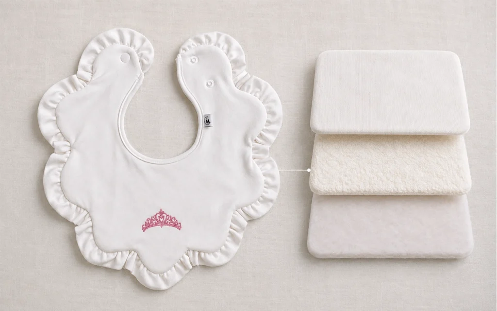 Our B2B layered custom baby bibs combine knitted fabric, polyester fleece as an absorbent inner layer, and terry cloth at our Hangzhou, China OEM/ODM baby textile factory with 40+ years of experience.