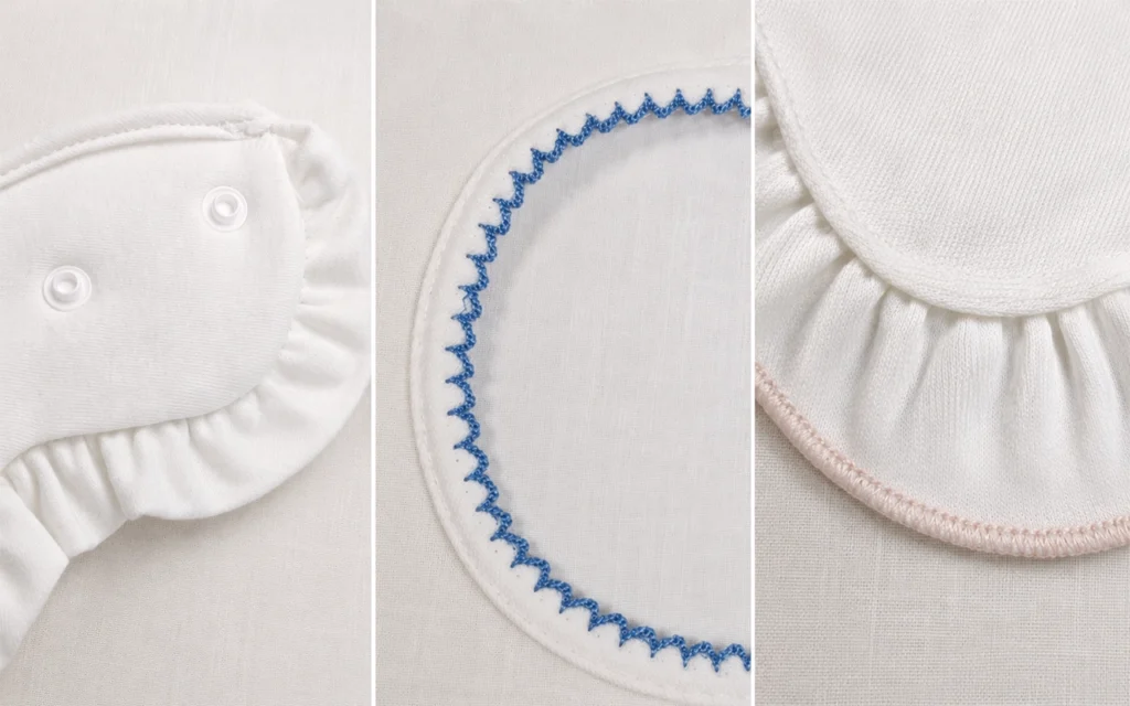 Our baby bib details include snap closures, standard binding, gathered ruffle trim, and colored merrow stitching, made at our Hangzhou, China OEM/ODM baby textile factory with 40+ years of experience.