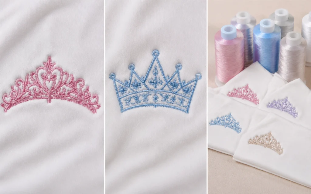 We customize baby bib embroidery with pink, blue, purple, beige, and other thread colors, crown designs, tags, and packaging at our Hangzhou, China OEM/ODM factory with 40+ years of experience onsite.