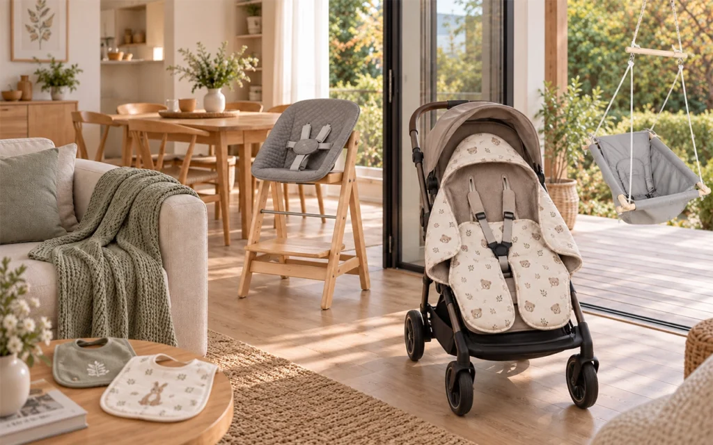 Our feeding, outing and supervised activity range brings together bibs, stroller textiles, high-chair accessories and baby swings made by our Hangzhou OEM/ODM factory with over 40 years of experience.