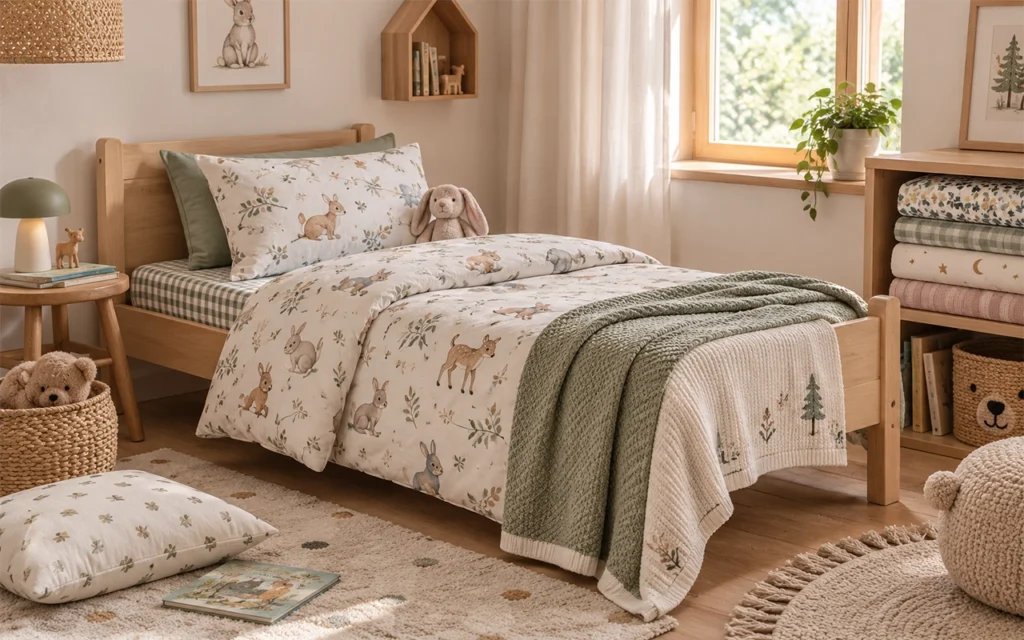 Our toddler bedding range adds larger blankets, pillowcases and duvet covers in warm woodland prints, developed by our Hangzhou OEM/ODM factory with 40+ years of baby textile manufacturing experience.