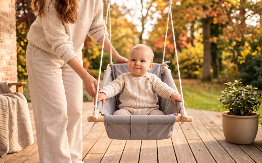 Our padded baby swing combines a supportive seat, soft gray fabric and secure restraint details for all supervised autumn patio play, made by our Hangzhou OEM/ODM factory with 40+ years of experience.