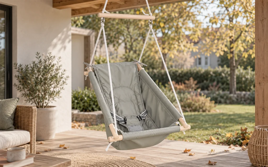 Our sage green baby swing pairs a padded high-back seat, wooden support bars and an adjustable restraint system, developed by our Hangzhou OEM & ODM factory with 40+ years of manufacturing experience.