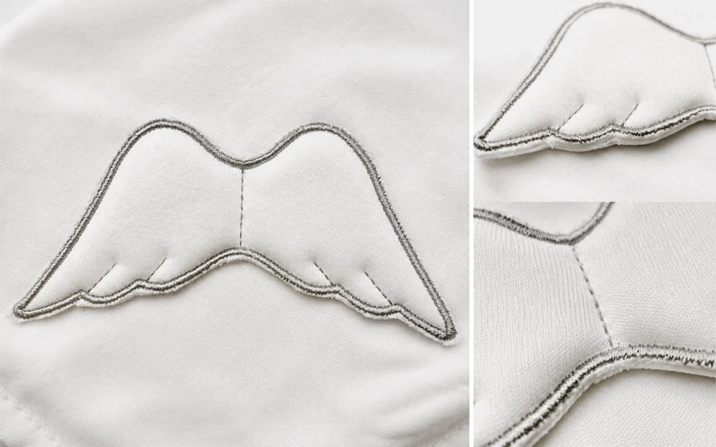 Our custom cotton baby blanket highlights a padded angel-wing applique with silver embroidery, developed by our Hangzhou, China OEM/ODM baby textile factory with 40+ years of manufacturing experience.