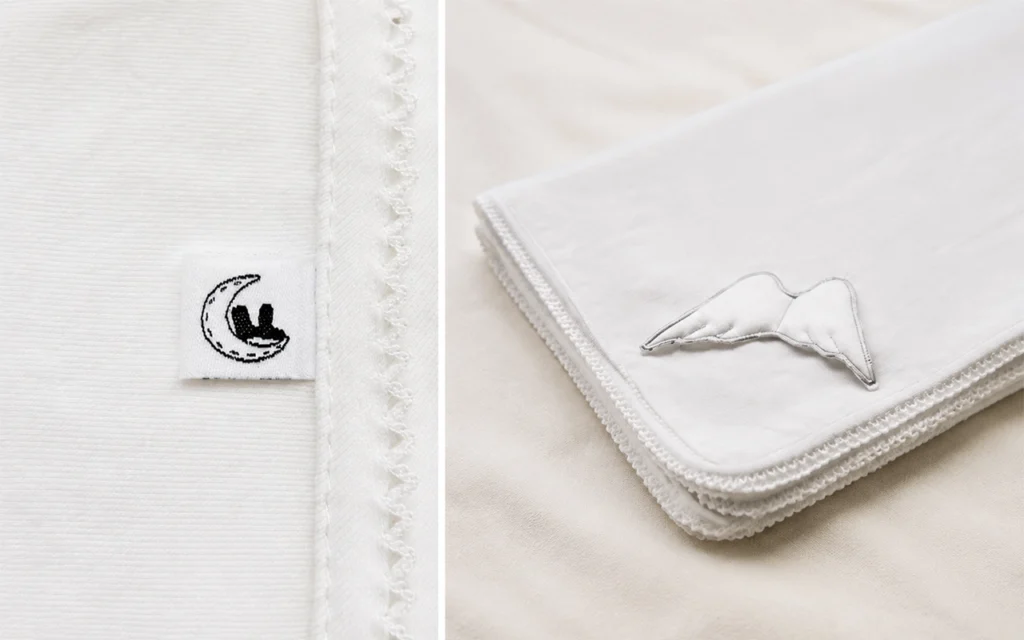 Our custom cotton baby blanket combines an angel-wing applique, decorative merrow edging, and a woven logo label, made by our Hangzhou, China OEM/ODM factory with 40+ years of baby textile experience.