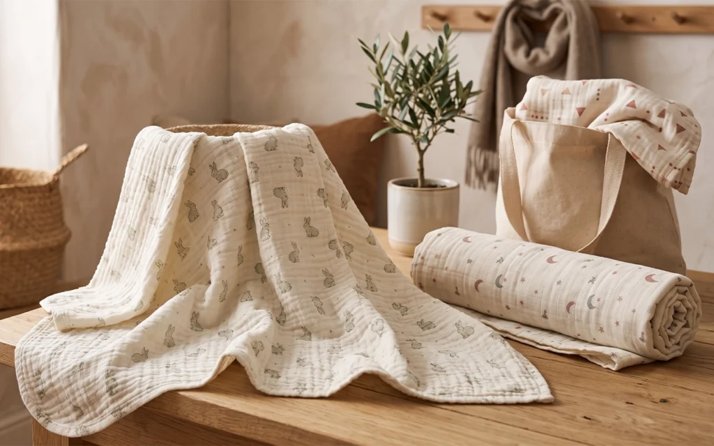 Our fall muslin baby blankets combine lightweight softness with rabbit, moon and geometric prints for home, travel and daily care, backed by our Hangzhou OEM & ODM factory and 40+ years of experience.