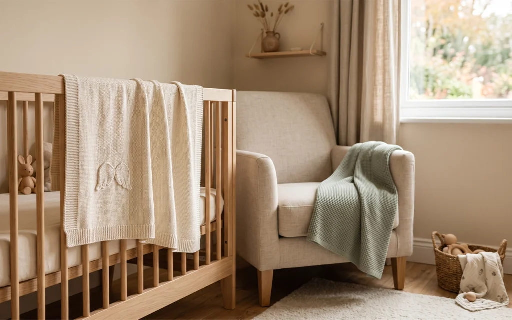 Our cotton knitted baby blankets bring soft textured warmth to autumn nurseries in cream and sage, with custom angel-wing embroidery from our Hangzhou OEM/ODM factory with over 40 years of experience.