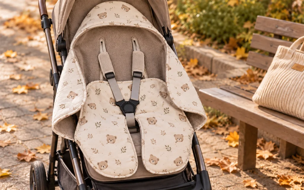 Our fall hooded split-leg baby blanket adds coverage for stroller outings, with a bear print and harness openings, developed by our Hangzhou OEM/ODM factory with 40+ years of manufacturing experience.