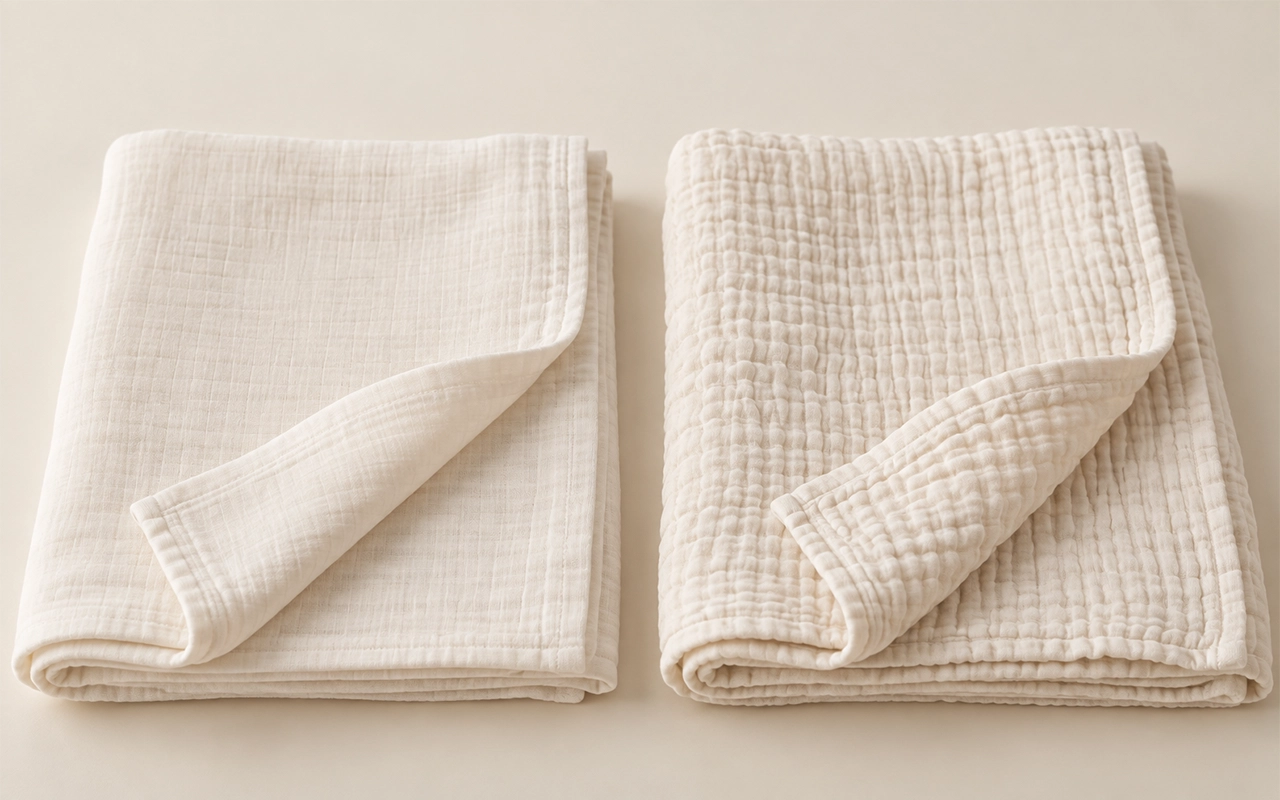 We present flat muslin and crinkle muslin side by side, showing how the same cotton base can create either a smooth, controlled finish or a soft, textured surface for daily baby blankets and swaddles.、