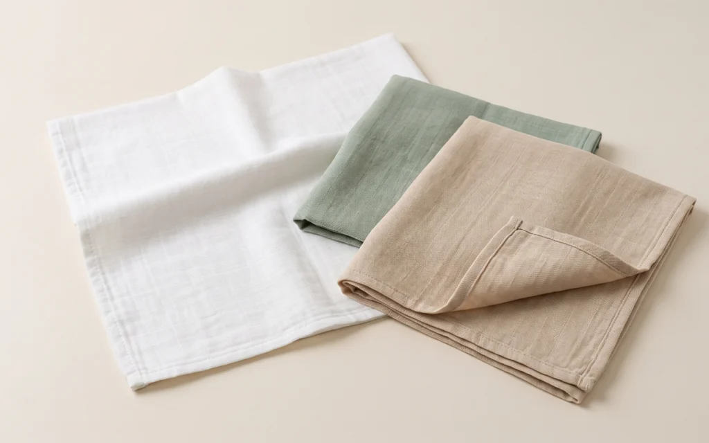 We show flat muslin in white, sage, and natural tones, highlighting its even surface, clean drape, and precise hems for brands developing coordinated swaddles, bedding, bibs, or burp cloths worldwide.