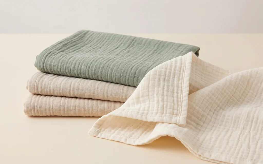 We display layered crinkle muslin in sage, beige, and ivory to show its soft puckered texture, relaxed drape, and visual depth for swaddles, blankets, bath textiles, and nursery accessories worldwide.