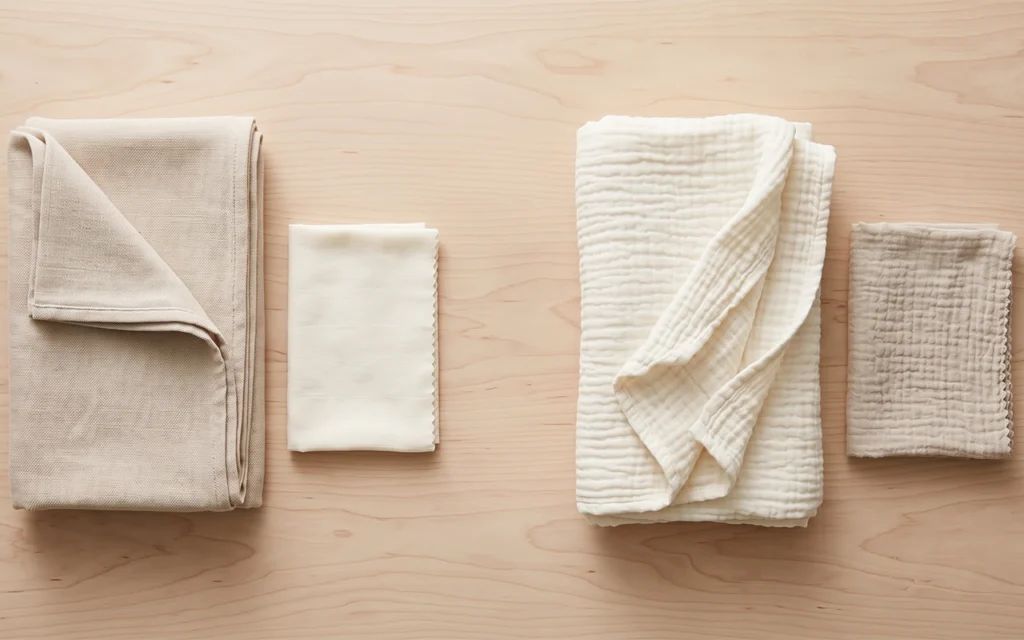 We compare flat and crinkle muslin swatches and finished pieces in different scales, helping buyers assess surface structure, thickness, layer count, drape, and intended application ahead of sampling.