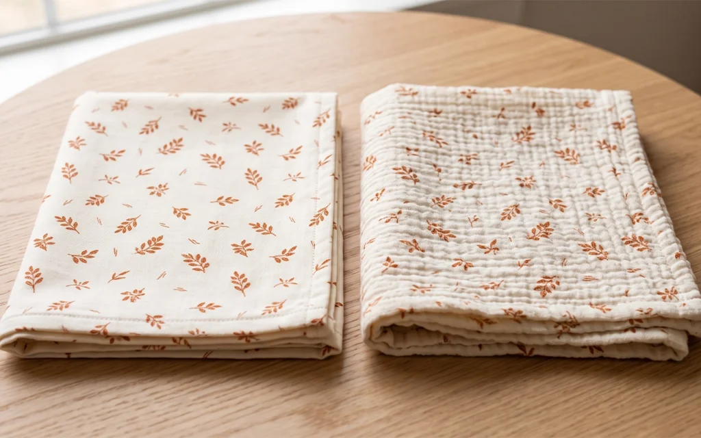 We compare the same leaf print on flat and crinkle muslin, showing how a smooth base keeps motifs crisp while a textured surface adds depth and a relaxed look to baby blankets and swaddles for retail.