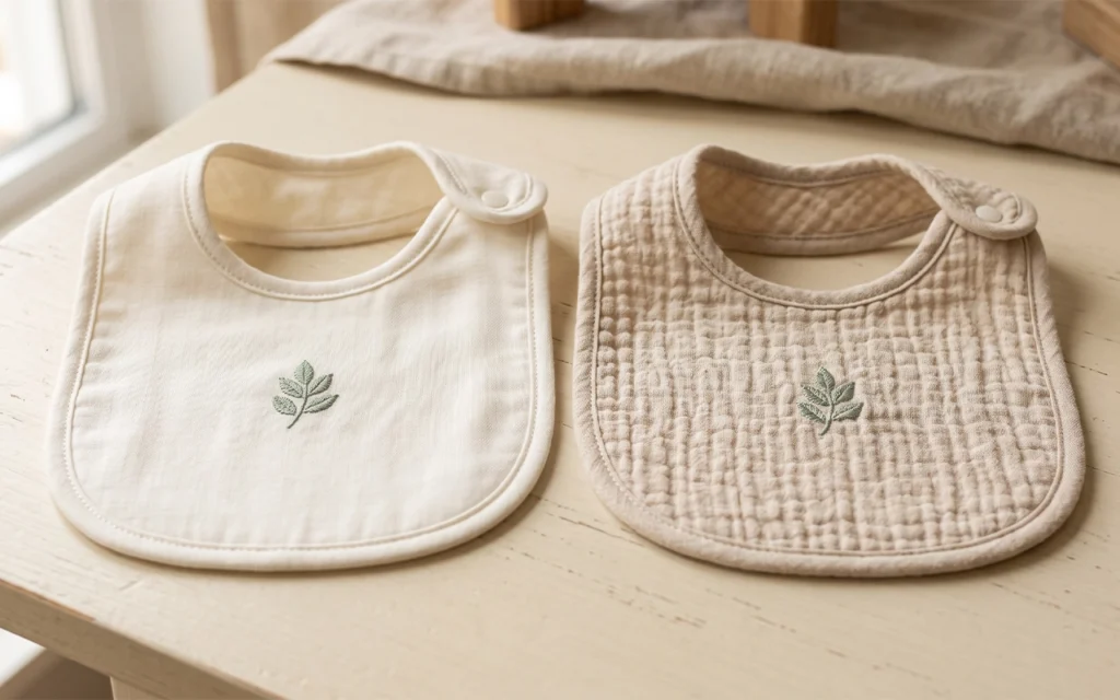 We present matching embroidered bibs in flat and crinkle muslin, demonstrating how surface structure changes stitch definition, soft hand feel, drape, and the overall mood of a coordinated baby range.
