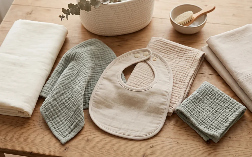 We arrange flat and crinkle muslin fabrics with a finished bib to show how one material family can support coordinated swaddles, bibs, washcloths, blankets, and other soft private-label baby textiles.