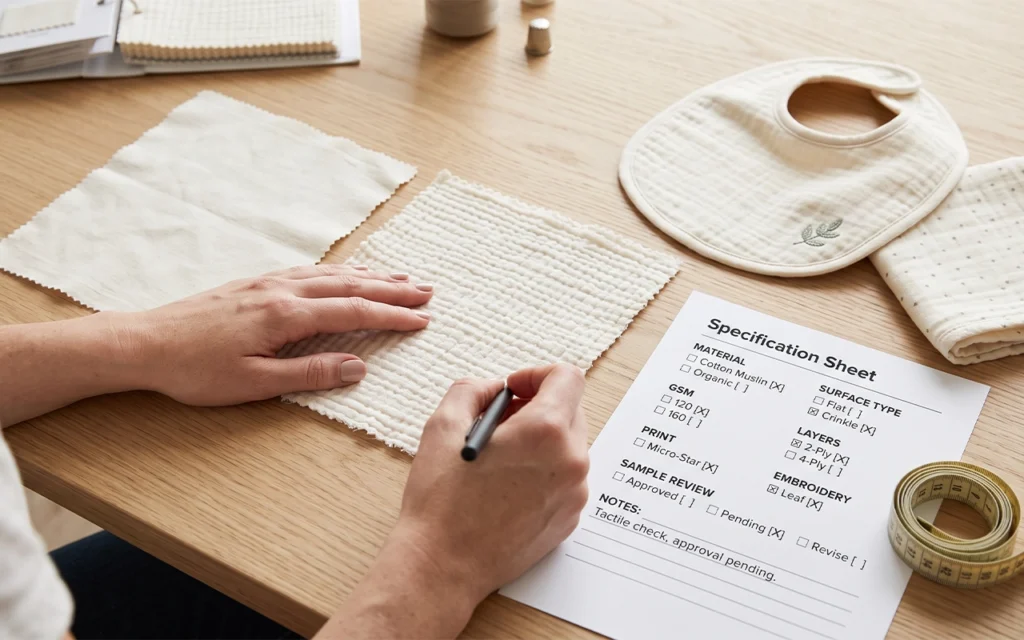 We compare flat and crinkle cotton muslin swatches beside a finished bib, using a clear specification sheet to review surface, GSM, layers, print, embroidery, and QC sample approval before production.