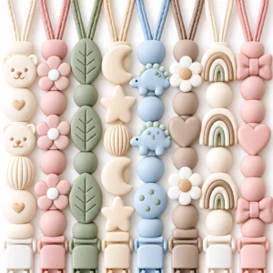 Our product view highlights food-grade silicone beads in bear, flower, leaf, moon, dinosaur, heart, rainbow, and bow designs, with smooth surfaces and gentle soft colors. Inorange Baby offers OEM/ODM.