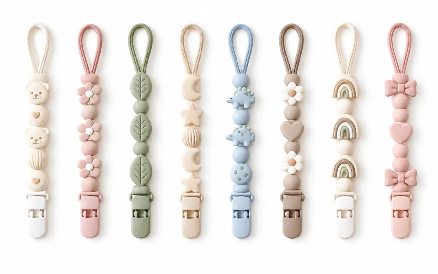 Our food-grade silicone pacifier clip range combines soft decorative bead straps, attachment loops and PU plastic clips in eight coordinated designs for wholesale brands. Inorange Baby offers OEM/ODM.