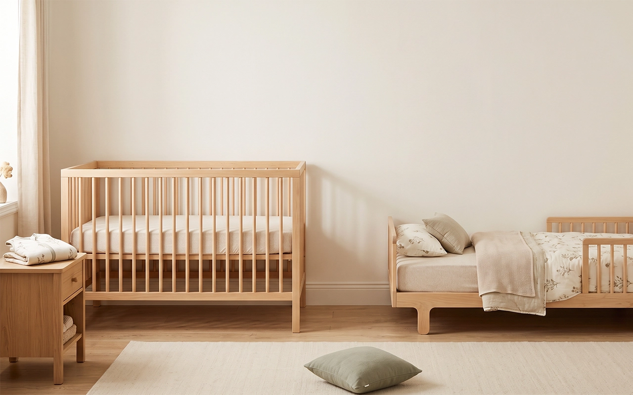 Our staged nursery places an infant crib beside a toddler bed to show a clear bedding growth path in two stages, planned by Inorange Baby, a Hangzhou OEM/ODM manufacturer with 40+ years of experience.