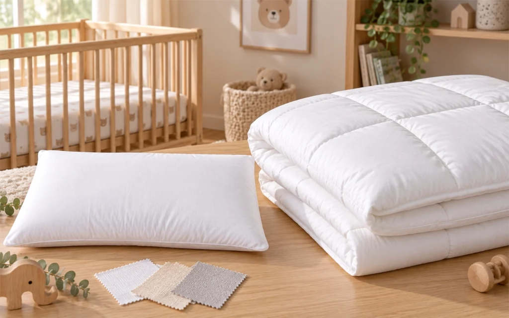 Our pillow and quilt inner samples present the filling and fabric choices behind a toddler bedding range for B2B buyers, made by Inorange Baby, a Hangzhou OEM/ODM factory with 40+ years of experience.