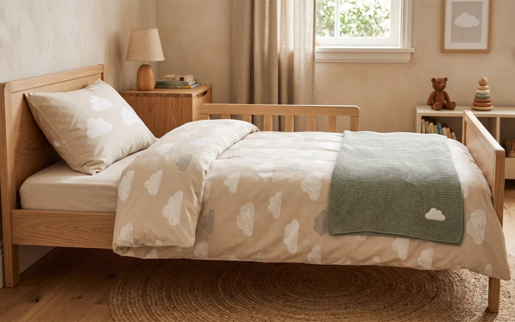 Our cloud-print toddler bedding set for brands pairs a duvet cover and pillowcase with a sage knitted blanket, developed by Inorange Baby, a Hangzhou OEM/ODM manufacturer with 40+ years of experience.