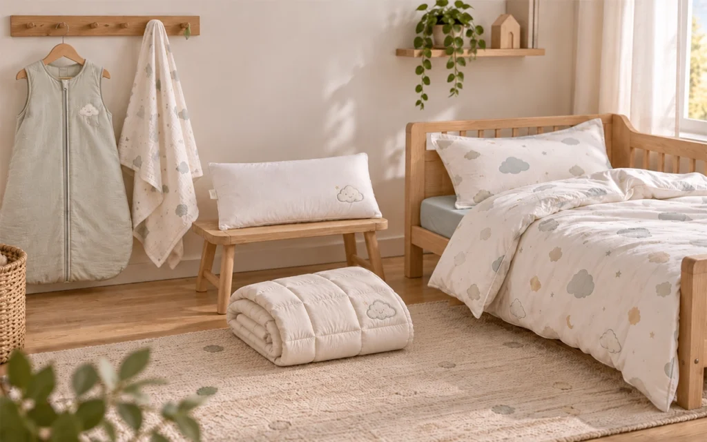 Our cloud-themed range links an infant sleep sack and muslin blanket with a toddler pillow, quilt, and bedding set, developed by Inorange Baby, a Hangzhou OEM/ODM factory with 40+ years of experience.
