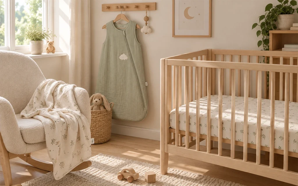 Our sage muslin sleep sack and botanical blanket create a calm nursery story for a swaddle-to-sleep-sack range, all made by Inorange Baby, a Hangzhou OEM/ODM manufacturer with 40+ years of experience.