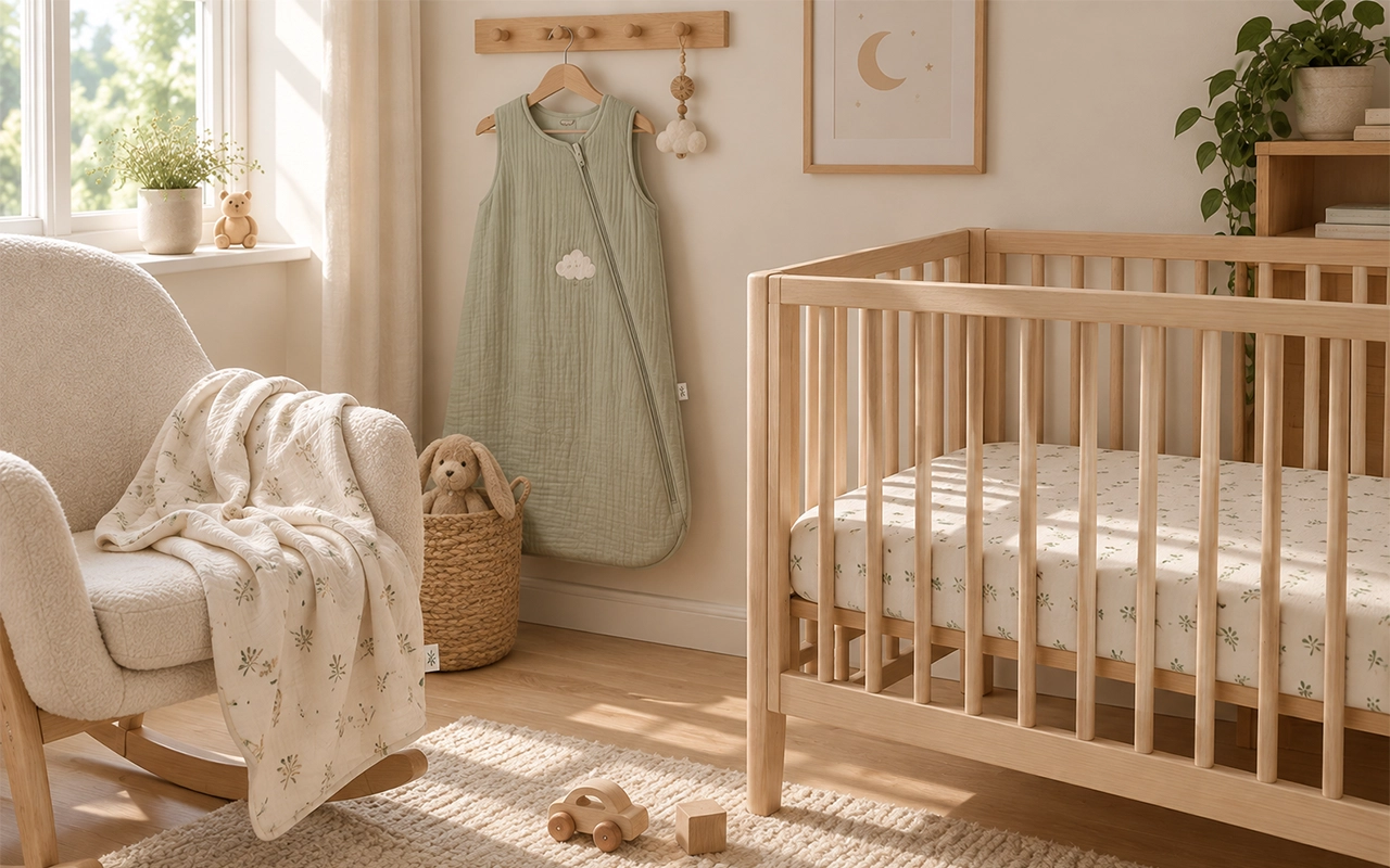 Our sage muslin sleep sack and botanical blanket create a calm nursery story for a swaddle-to-sleep-sack range, all made by Inorange Baby, a Hangzhou OEM/ODM manufacturer with 40+ years of experience.