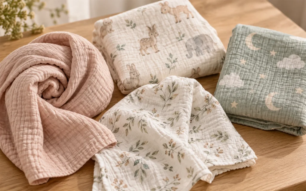 Our muslin swaddle assortment combines dusty pink, woodland, botanical and cloud styles for a varied sleep transition range from Inorange Baby, a Hangzhou OEM/ODM factory with 40+ years of experience.