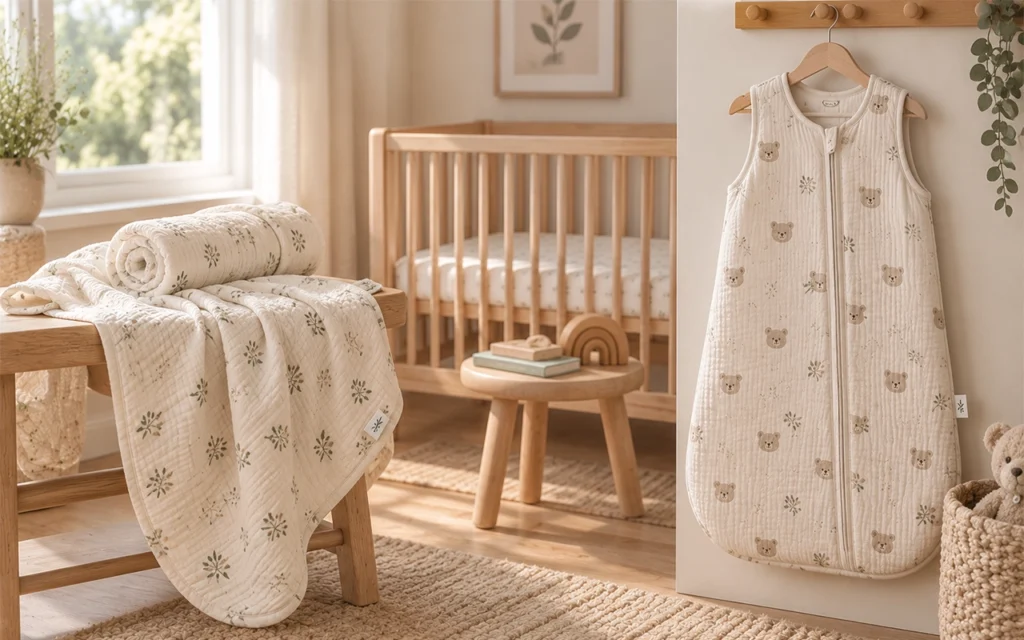 Our botanical muslin swaddle and bear-print, arms-free sleep sack show how one collection supports two core baby stages, made by Inorange Baby, a Hangzhou OEM/ODM factory with 40+ years of experience.