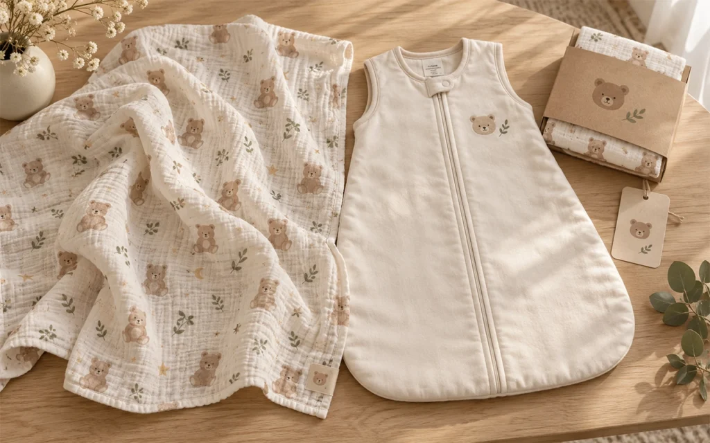 Our coordinated bear-print muslin swaddle and cream front-zip sleep sack show a clear newborn-to-growing-baby range developed by Inorange Baby, a Hangzhou OEM/ODM factory with 40+ years of experience.