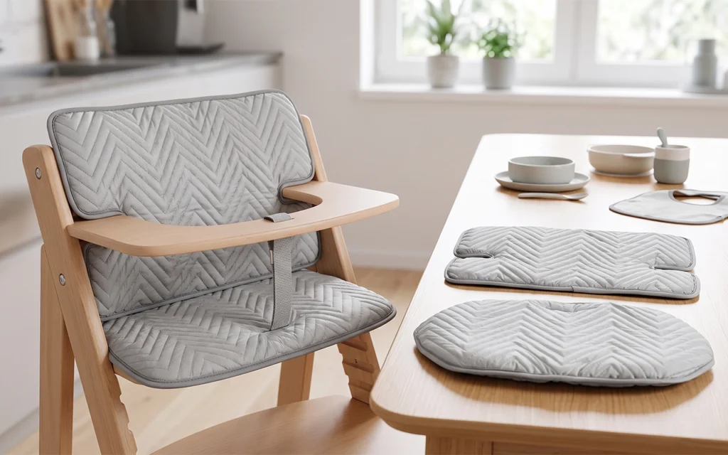 We compare an installed gray quilted cushion with separate seat and backrest samples, showing how pattern sections, chair dimensions, harness positions and attachment points must be reviewed together.