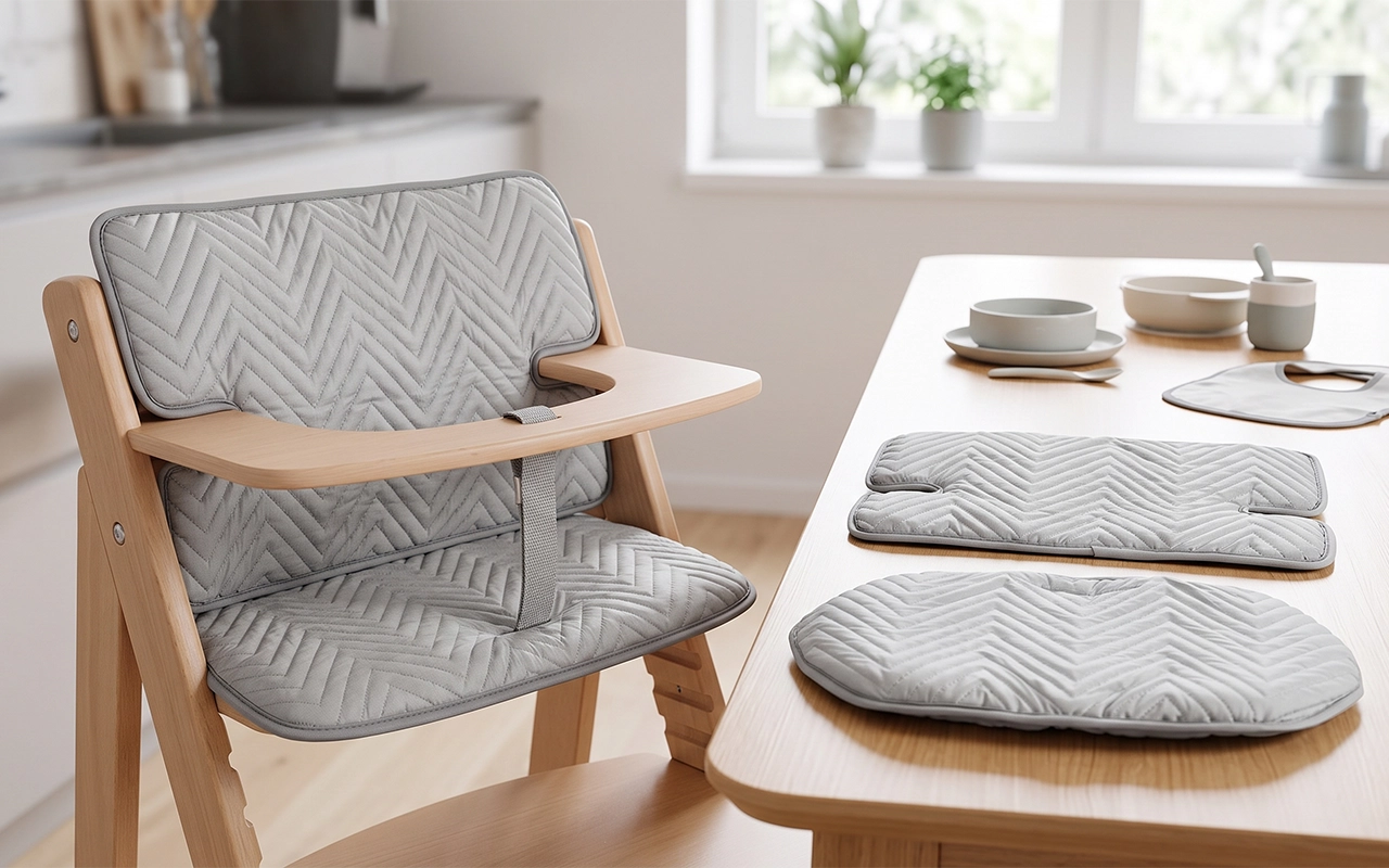 We compare an installed gray quilted cushion with separate seat and backrest samples, showing how pattern sections, chair dimensions, harness positions and attachment points must be reviewed together.