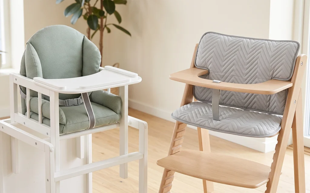 We compare two high-chair cushion directions: a fuller contoured green insert for side support and a slimmer gray quilted cushion for a wooden chair, highlighting why each chair needs its own pattern.