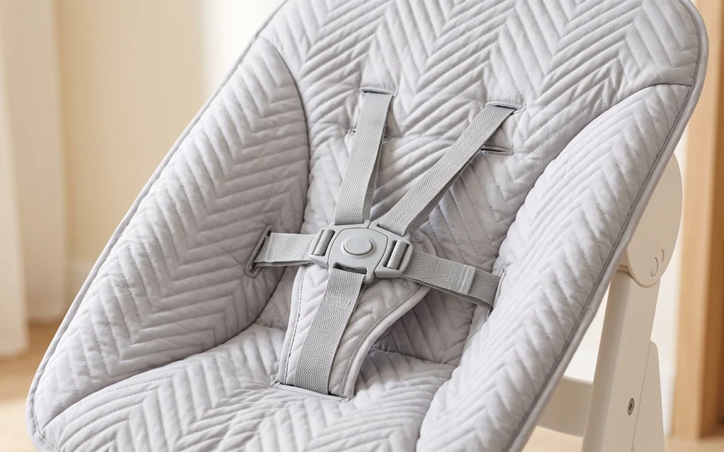 We highlight a quilted high-chair cushion developed around a five-point harness, using reinforced shoulder, waist, and crotch openings that position each strap without pulling or twisting the cushion.