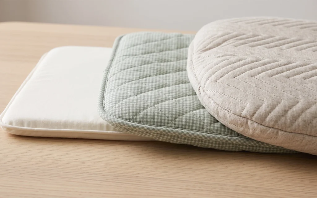 We compare simple, checked, and quilted high-chair cushion samples, showing how fabric texture, quilting, padding thickness, binding, loft, and finished profile can create distinct product directions.