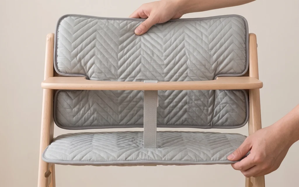 We install a gray quilted high-chair cushion directly on the wooden chair, checking seat width, backrest height, side notches, edge alignment, harness access, and whether both sections sit fully flat.