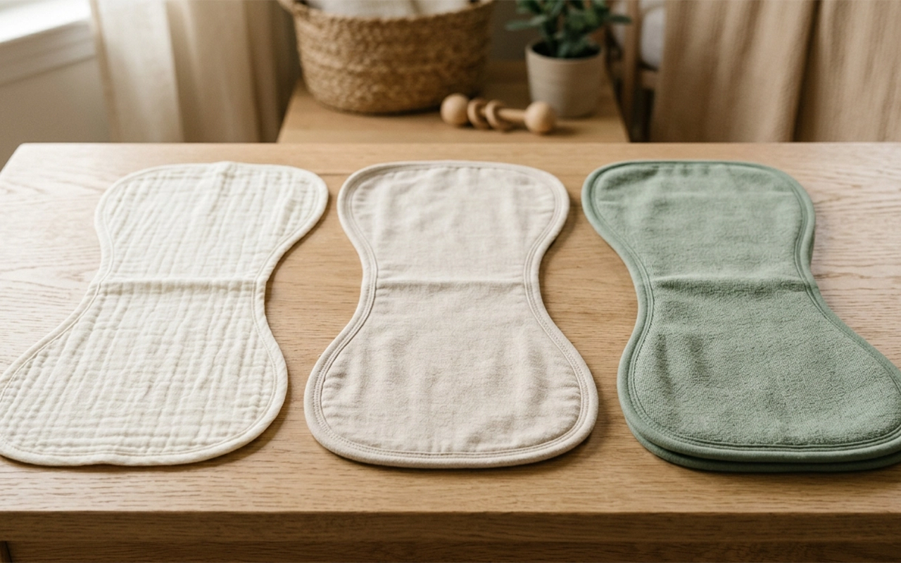 Our three contoured burp cloth samples compare muslin, knitted, and terry textures and hand feels in neutral tones, made by Inorange Baby, a Hangzhou OEM/ODM manufacturer with 40+ years of experience.
