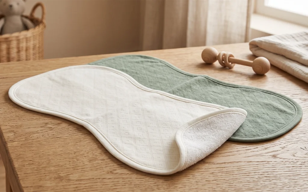 Our white textured and sage burp cloth samples reveal how outer fabric and absorbent backing shape the final product, created by Inorange Baby, a Hangzhou OEM/ODM factory with 40+ years of experience.